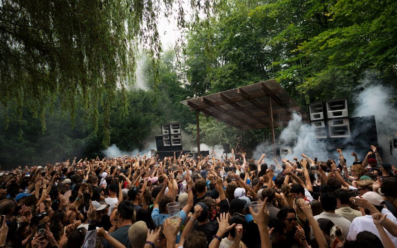 A large crowd dances energetically under the canopy of trees at Dekmantel 2024, creating an immersive festival atmosphere