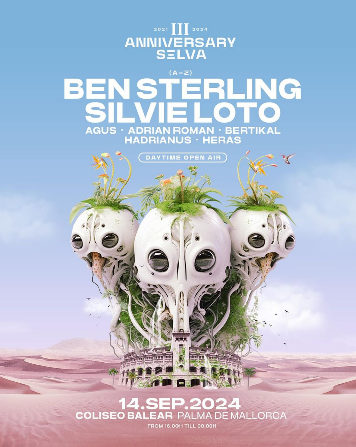 An artistic promotional poster for Selva Club Anniversary event, featuring Ben Sterling and Silvie Loto as headliners, along with other artists xceed tickets