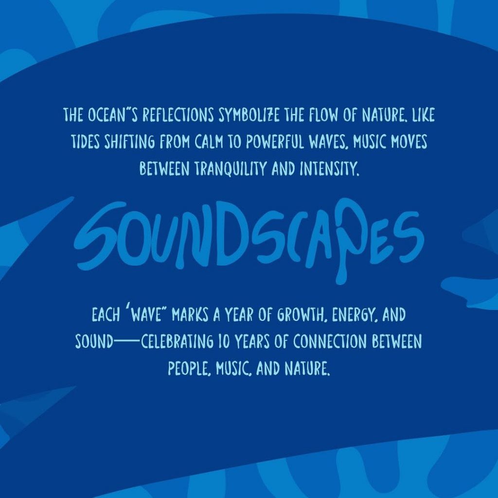 A blue graphic with the text 'Soundscapes Zanzi' in artistic typography, accompanied by a message about the ocean's symbolism in music and celebrating 10 years of growth, energy, and connection between people, music, and nature.